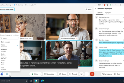 Sanntidsoversettelse fra engelsk tale til norsk tekst i Cisco Webex. Oversettelsen vises som undertekst, en transkribering på originalspråket vises i spalten til høyre.