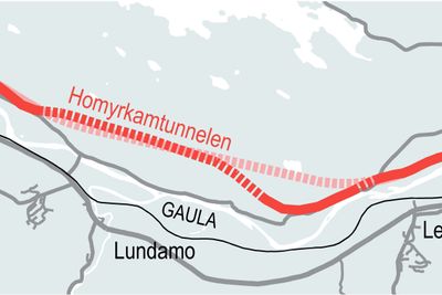 Den mørkerøde linjen viser Nye Veiers nye traséforslag fra Gyllan til Kvål. Linjen i lysere rødfarge viser opprinnelig plan.