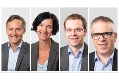 Disse vil bli toppleder ved Forsvarets forskningsinstitutt. Fra høyre: Espen Skjelland, Janet Martha Blatny, André Pettersen og Trygve Sparr.
