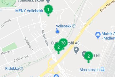 Tilgjengelige ladestasjoner i mitt område nederst i Groruddalen i Oslo, ifølge Ladestasjoner.no