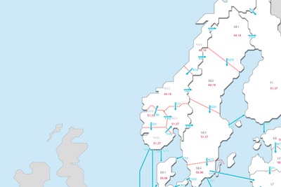 Også i dag har det vært store prisforskjeller mellom nord og sør i Norden. Bildet viser kraftsystemet litt før kl 17 fredag 30. april. 