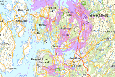Delfinen fra Telenors dekningskart. Snute oppe til venstre, ryggfinne ved «Bergen», og halefinne nede mot Flesland.