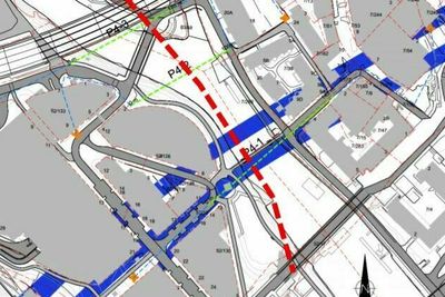 Planlagt tunneltrase for ny E18 (i blått) passerer ei dyprenne under Sandvikselva. Dyprenna antas å sammenfalle med en svakhetssone eller forkastning (markert i rødt). God informasjon om grunnforholdene i dette området er viktig for prosjektet.