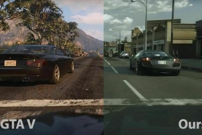 Grand Theft Auto V skilter allerede med høy grad av realisme, men har nådd fotorealistisk nivå (t.h.) ved hjelp av kunstig intelligens.