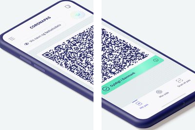 Den danske Coronapas-appen. Det hvite streken midt i bildet er satt inn av Digitaliseringsstyrelsen for å hindre skanning av QR-koden i bildet.
