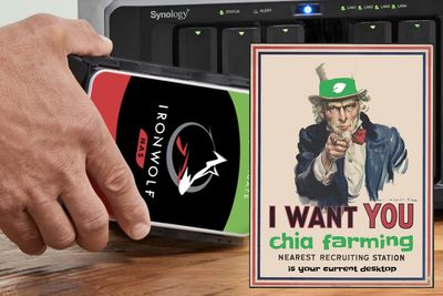 Seagate Ironwolf-harddisk og rekrutteringsplakat for dyrking av kryptovalutaen chia. 