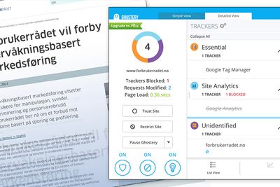 Ved å bruke nettlesertillegget Ghostery, får man enkelt en oversikt over sporingstjenester på Forbrukerrådets nettsider.