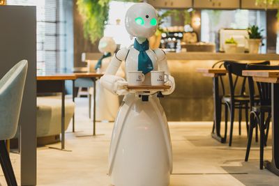Alter-ego robot OriHime-D serverer mat til gjestene. Den fjernstyres av mennesker som av ulike grunner ikke kan forlate hjemmene sine.