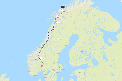 Skjermdump fra Enturs web-applikasjon som viser reiserute med kollektiv transport fra Tromsø til Oslo.
