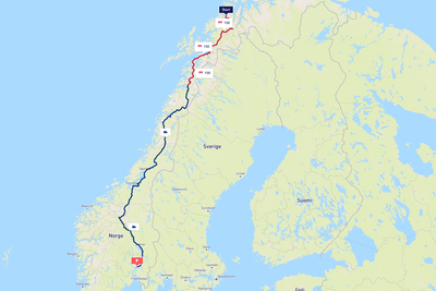 Skjermdump fra Enturs web-applikasjon som viser reiserute med kollektiv transport fra Tromsø til Oslo.