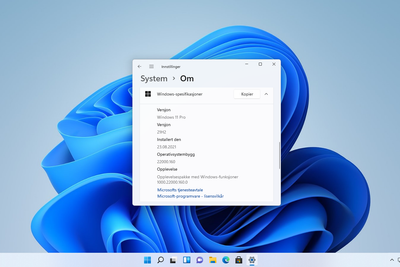 Her kjører vi betaversjonen (22000.160/21H2) av Windows 11 Pro i Virtualbox.