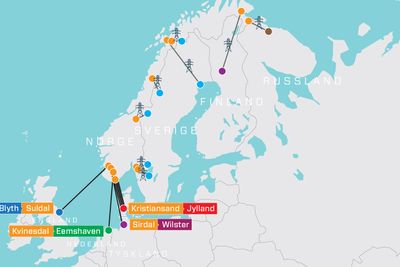 Detter alle Norges utenlandskabler og -linjer per oktober 2021. Den omdiskuterte kabelen Northconnect til Skottland er ikke vedtatt, men derimot satt på vent av Stortinget. 