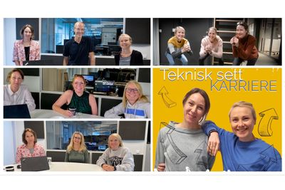 Journalistene Kjersti Flugstad Eriksen (t.v.) og Tuva Strøm Johannessen (t.h.) er journalister og programledere i Teknisk Ukeblads nye podkast Teknisk sett karriere. I montasjen vises noen av gjestene som de snakker med i podkasten. 