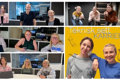 Journalistene Kjersti Flugstad Eriksen (t.v.) og Tuva Strøm Johannessen (t.h.) er programledere i Teknisk Ukeblads nye podkast Teknisk sett karriere. I montasjen vises noen av gjestene som de snakker med i podkasten. 