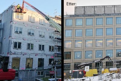 På bildet til høyre kan du skimte de gamle vinduene bak de nye i toppetasjen.