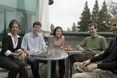 Cintia Moreira, Øyvind Grotmol, Pauline Chen, Kristian Eide og Børge Hald i Medallia i 2006. Her fra kontoret i Silicon Valley.