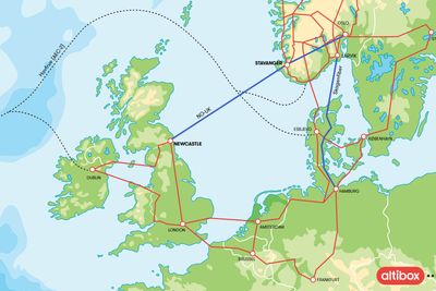 Kartet viser den europeiske fibernettstrukturen Norge nå for alvor blir en del av. Det neste utbyggingsprosjektet er en ny og raskere fibermotorvei strake veien over fjellet mellom Stavanger og Oslo.