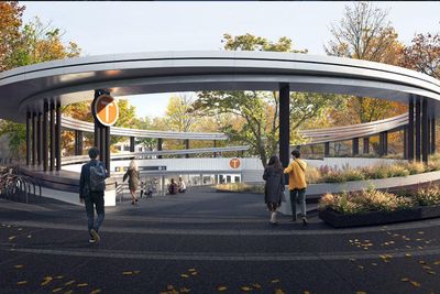 Adkomst til Fornebuporten stasjon langs Oksenøyveien, tegnet av Zaha Hadid Architects og A-lab.