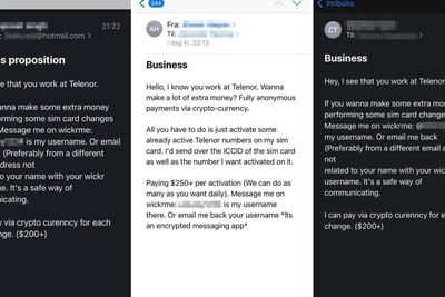 Meldinger Telenor-ansatte fikk, med forespørsel om å manipulere simkort mot god betaling.
