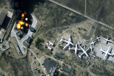 A satellite image shows fires and damage at Antonov Airport, in Hostomel, Ukraine March 11, 2022. Sa ...