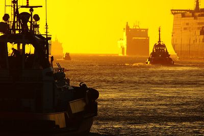 Tett skipstrafikk med taubåter, ro-pax-ferger og ro-ro-skip i solnedgang.