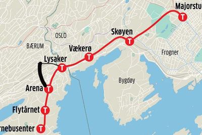 Grovskisset illustrasjon av hvordan toglinjen (tykk svart strek) kan treffe Drammensbanen vest for Lysaker. 