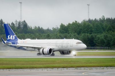 SAS-fly tar av fra Oslo Lufthavn, Gardermoen. 28. juni 2022.