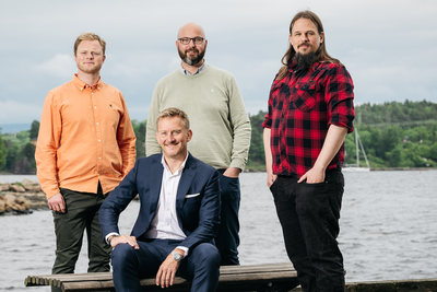Orange Cyberdefense Norges nye kommersielle direktør, Morten Skogvold, i front. Her sammen med Marius Hallbing (t.v.), Espen Gerhardsen og Erlend Bauthus.