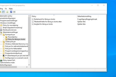 Innstillinger i Windows for midlertidig å låse kontoen dersom antallet mislykkede innloggingsforsøk overstiger en grense. Bildet er fra Windows 10..
