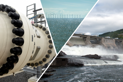 Collage av gassrør, offshore vindturbiner og vannkraft.