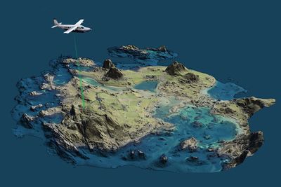 Laserskanning frå fly med bruk av LIDAR. Laserlyset sees som en grønn stråle fra flyet som passerer i cirka 500 meters høyde. 