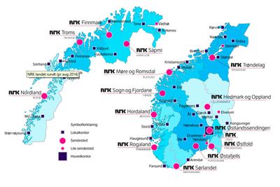 NRKs lokalkontorer er spredt over hele Norge. I rammeavtalen som nå lyses ut er nettverk mellom alle lokasjonene med.  