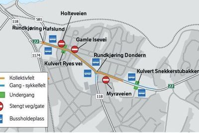 Kart over den planlagte utbyggingen Hafslund-Dondern på riksvei 22. 