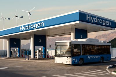 Illustrasjon ac hydrogentankestasjon med buss.