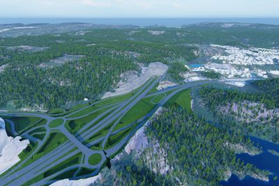 Illustrasjon som viser hvordan det nye Grauthelleren kryss på E39 ved Kristiansand blir når alle tilførselsveiene til krysset står ferdige