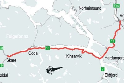 Strekningen Djupevik – Kviturtunnelen ligger noen kilometer nord for Odda på rv 13. NB Dette kartet går ikke nord-syd!
