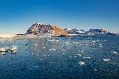 Klimaforsker Markus Årthun er ikke bekymret for en nærstående kollaps av omveltningssirkulasjonen i Atlanterhavet. Men endringer i sirkulasjonen kan være vel så alvorlig. Varmt vann fra sørligere breddegrader kommer stadig nærmere polare områder: – Det blir ofte sagt at Svalbard kommer ut av isen. Det som før var et kaldt og polart miljø blir mer og mer likt det vi har på Vestlandet, sier Årthun. Bildet viser smeltende is fra isbreer som kalver ut i Kongsfjorden ved Ny-Ålesund på Svalbard.