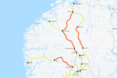 Kartet viser de stengte togstrekningene i Sør-Norge fredag ettermiddag.