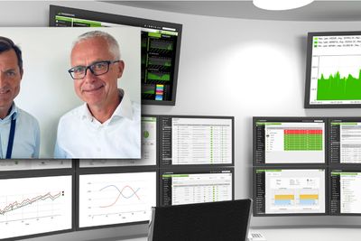 Daglig leder Steinar Omdahl i Westnet og Netnordic-sjef Jarl Øverby, innfelt i et bilde fra Westnets kontrollrom i Stavanger. 