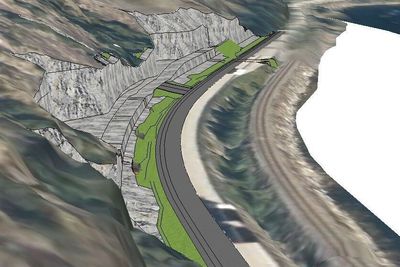 3D-modell av fjellskjæring, skredgrop og skredvoll. Sett fra vest mot øst.