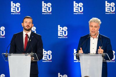 Miljøkommissær Virginijus Sinkevičius og miljøminister i Brussel Alain Maron, som representerte det belgiske formannskapet. 