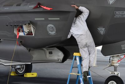A U.S. Air Force F-35A Lightning II aircraft maintainer from Eglin Air Force Base inspects the intake of a jet during Checkered Flag 17-1 at Tyndall Air Force Base, Fla., Dec. 8, 2016. More than 90 Eglin personnel came to Tyndall in support of the large-scale, total force exercise. (U.S. Air Force photo by Staff Sgt. Alex Fox Echols III/Released)