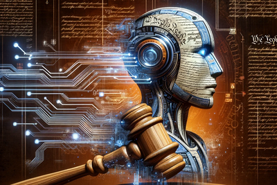  An abstract representation of a 'Constitutional AI' using a gavel instead of a humanoid robot. This image depicts a gavel, symbolizing law and authori