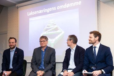 Sivert Bjørnstad (Frp), Inge Berg (Nordlaks), Olve Grotle (H) og Nils Kristen Sandtrøen (Ap). Her under en debatt om grunnrenteskatt i havbruk, der Berg kobler skatten med næringens omdømmeproblemer.