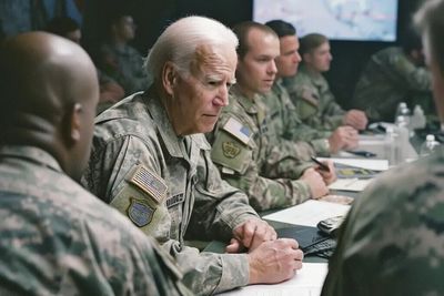 KI-generert: Dette bildet skal angivelig vise Joe Biden i uniform, men er et av de mange falske bildene som er i ømløp etter at Iran sendte hundrevis av missiler og droner mot Israel.