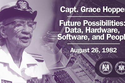 Illustrasjon laget av NSA for foredraget «Future Possibilities: Data, Hardware, Software, and People» som Grace Hopper holdt for NSA-ansatte i august 1982. På bildet har Hopper graden «commodore» i US Navy. Graden ble endret til «rear admiral» (kontreadmiral) i 1985.