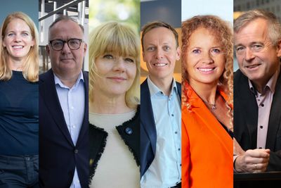 Næringslivslederne Kristin Nyberg (t.v.) i Twoday, Geir Arne Olsen i Netcompany, Gry Arnesen i Tietoevry, Øystein Refsnes i Capgemini Invent, Kristin Blix-Elton i Sopra Steria og Petter Moe i Atea.