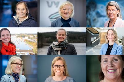 Erfarne toppledere: Fra venstre: Alexandra Bech Gjørv i Sintef, Gro Bakstad i Vy, Kjerstin Braathen i DNB, andre rekke: Merete Hverven i Visma, Elisabeth Vike Vardheim i Statnett, Camilla Amundsen i Rambøll, tredje rekke: Birgit Farstad Larsen i Cowi, Birgitte Ringstad Vartdal i Statkraft og Grete Bergly i Multiconsult