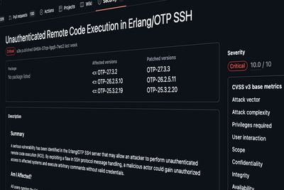 En kritisk sårbarhet i Erlang/OTP SSH-serveren åpner for kapring av berørte systemer. Angrepskode begynte å sirkulere nå i påsken.