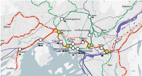 K2 T-banekonseptet: I dette konseptet vil en ny T-baneforbindelse med tunnel gjennom sentrum gi dobbel kapasitet på T-banen.